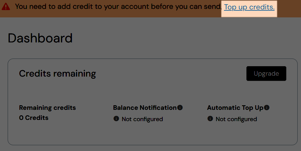 image of top up credits button in warning banner