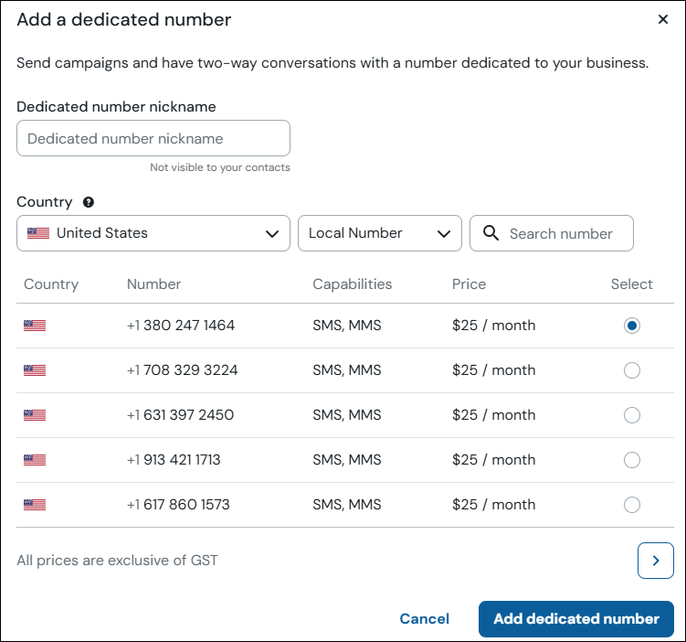 Dedicated numbers selection modal screenshot