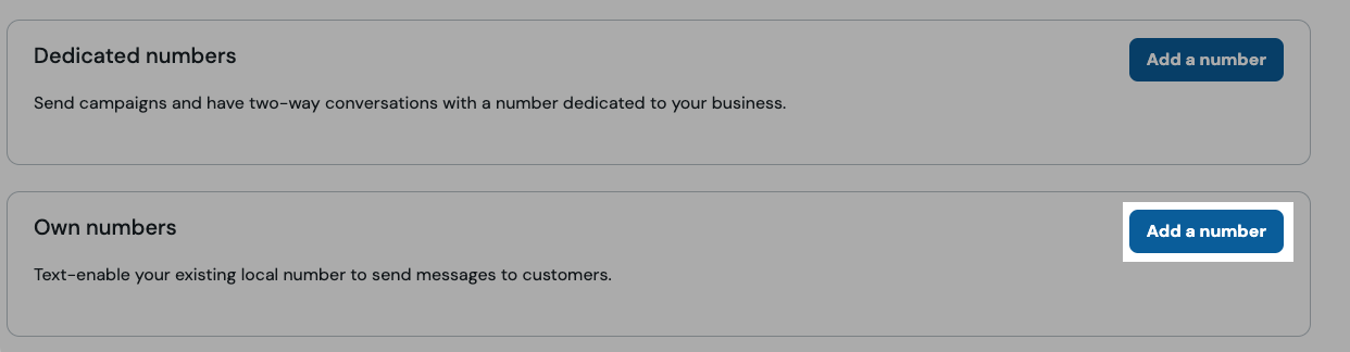 Screenshot showing location of own numbers section, with 'add a number' button highlighted