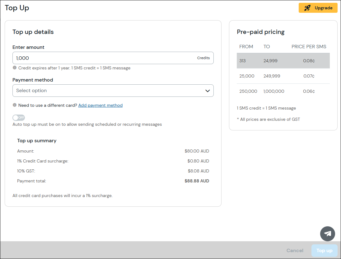 Image of the top up page. 