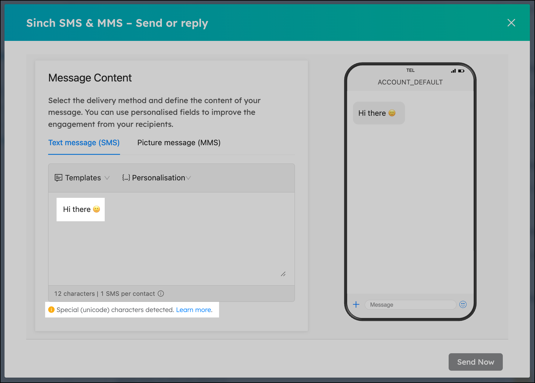Special (Unicode) character detected alert in HubSpot when composing a message.