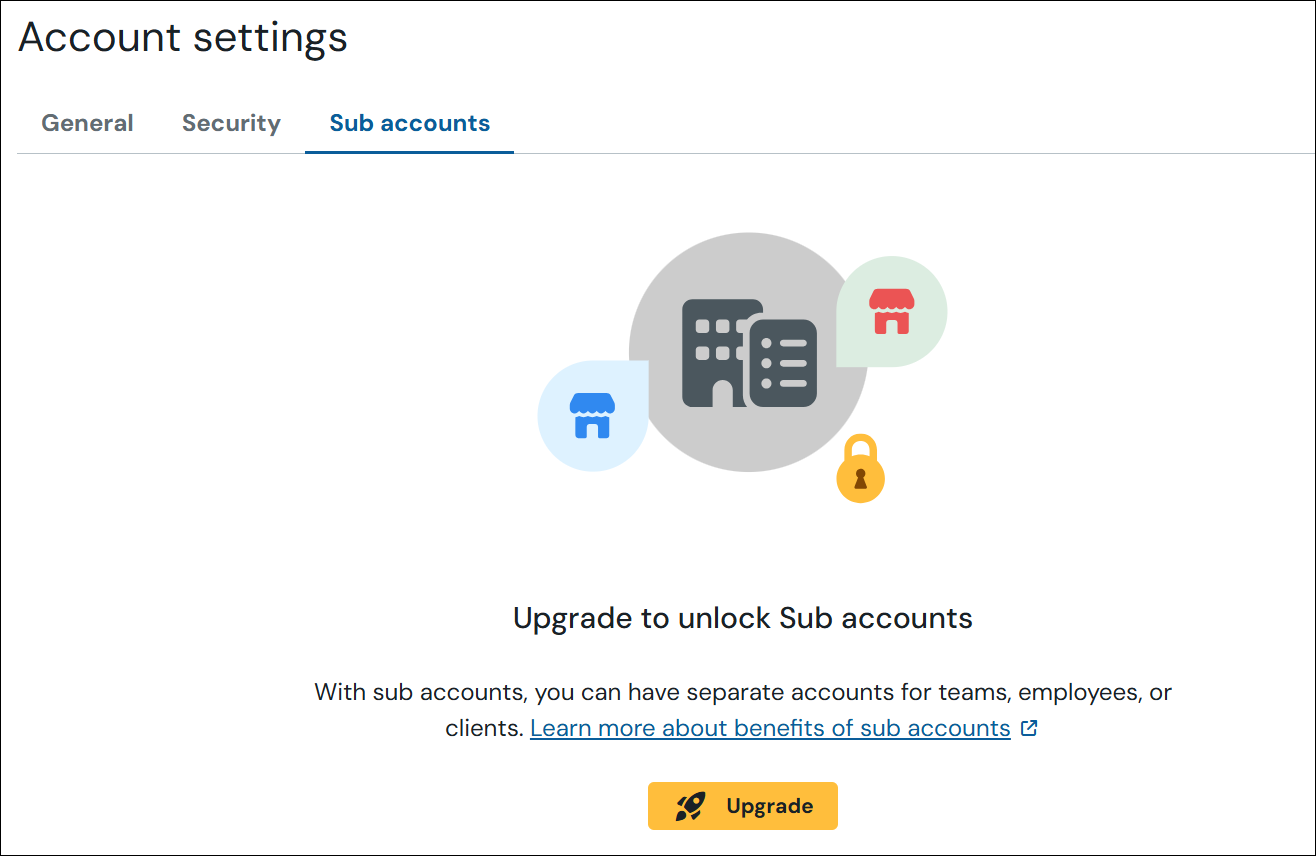 Screenshot of the sub accounts tab, found on the account settings page. There is a message that reads 'Upgrade to unlock Sub accounts' - with sub accounts, you can have separate accounts for teams, employees, or clients." With a link to this article and an 'Upgrade' button.