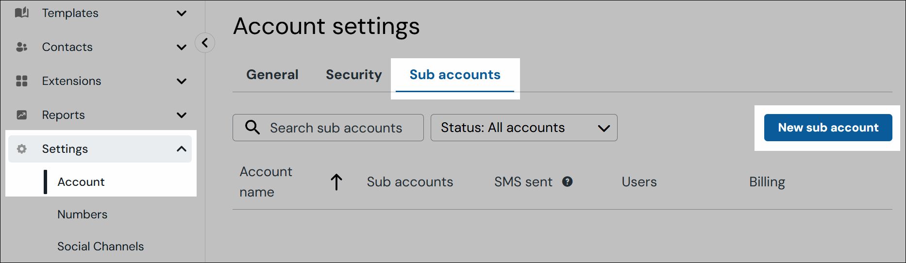 Screenshot of the web portal navigation, showing where the Settings, Account, Sub accounts, New sub account links are located. 