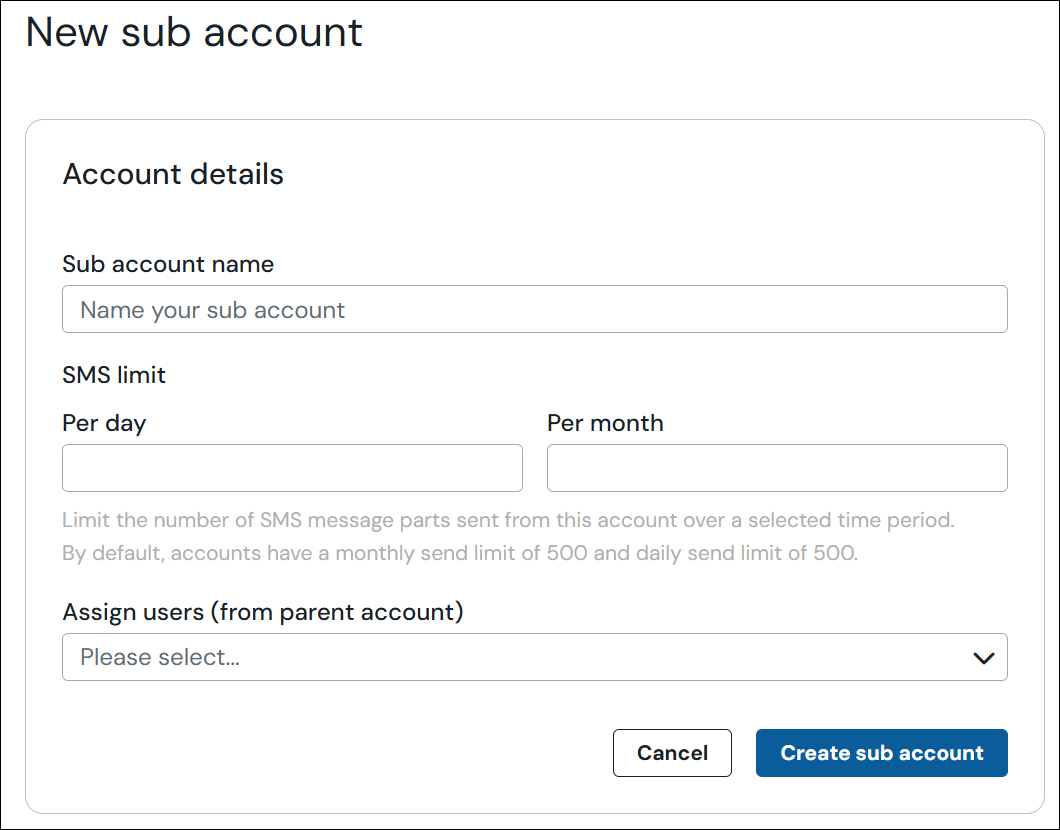 Screenshot of the 'New sub account' modal that shows where to type the Sub account name, SMS limit and the assign users dropdown list.