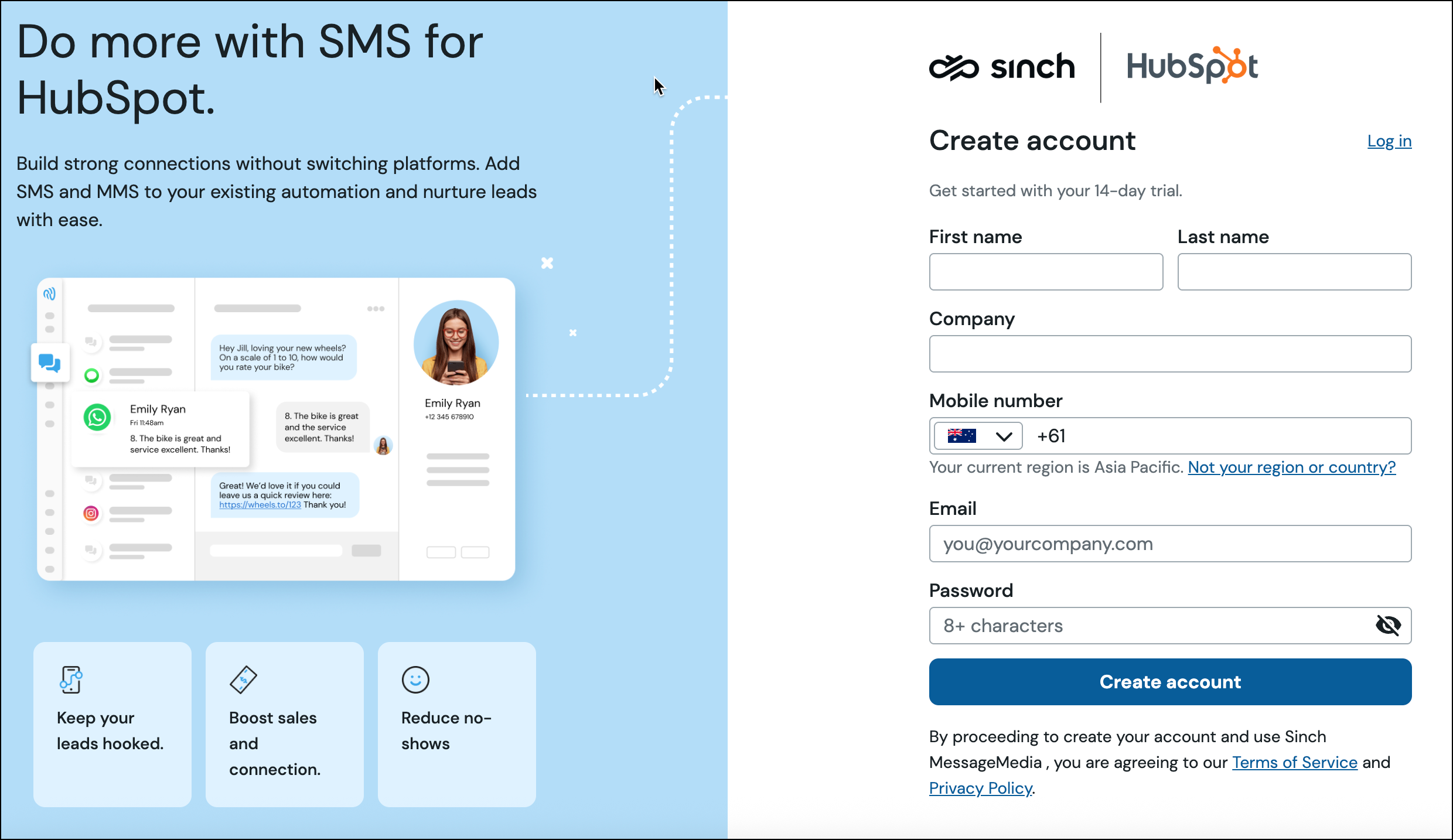 Sinch login screen when installing HubSpot from the HubSpot app marketplace.