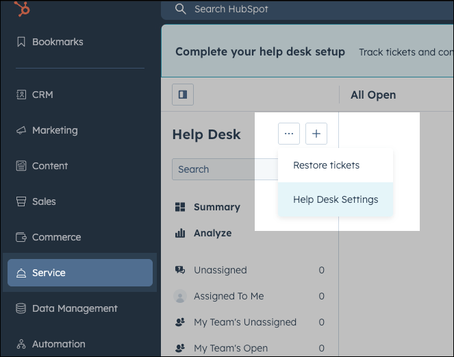 Access the Help Desk Settings from the Service tab.