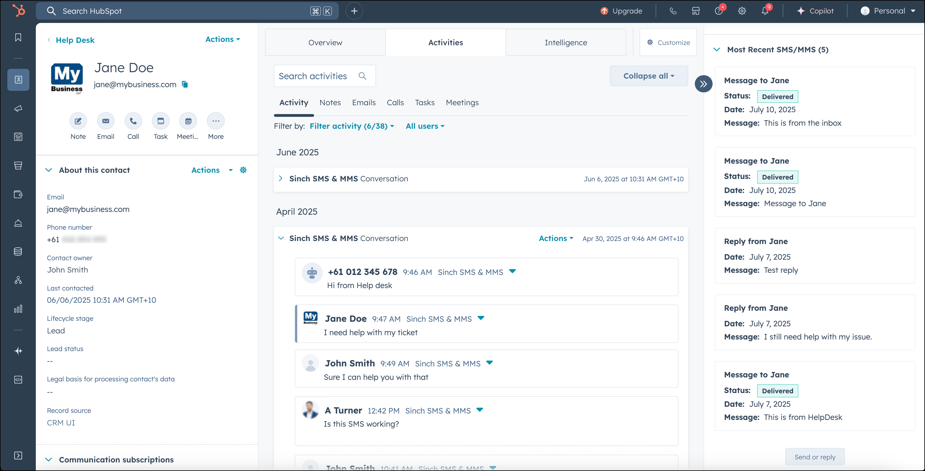 HubSpot contact overview showing the activities tab.