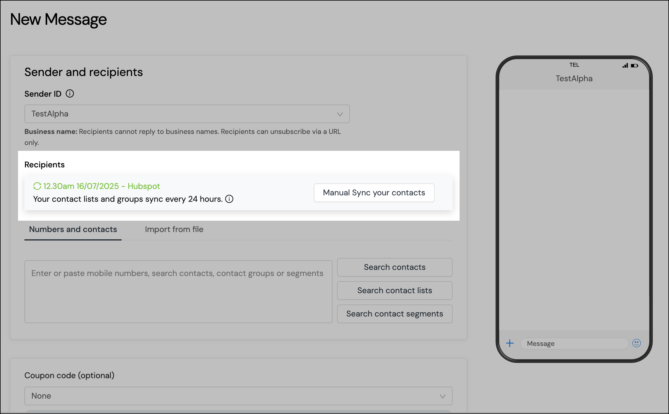 Contact sync status and ability to manually sync your contacts from the New Message screen.