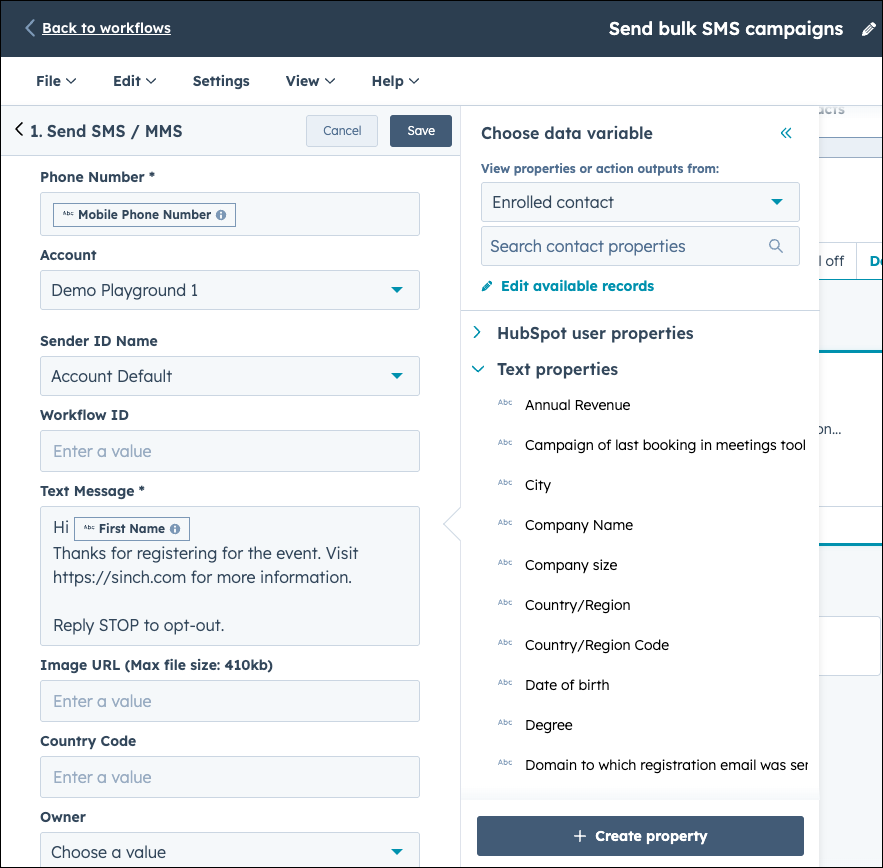 HubSpot Send SMS MMS configuration screen.