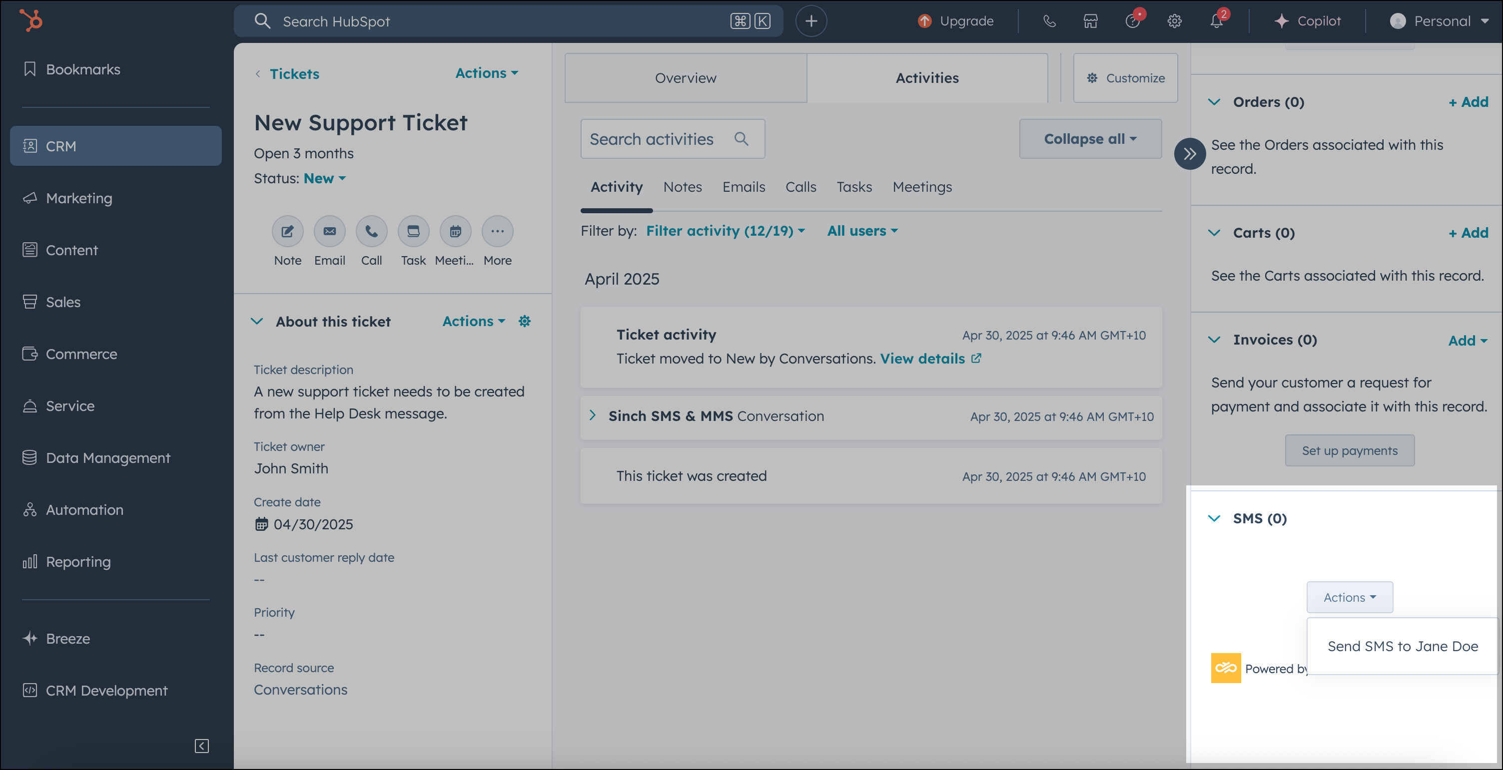 Send SMS to a contact from a ticket in HubSpot.