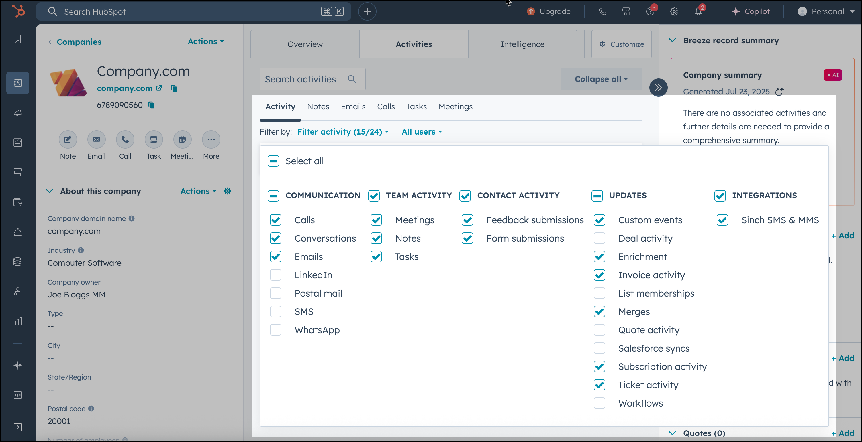 Company record activity tab in HubSpot.