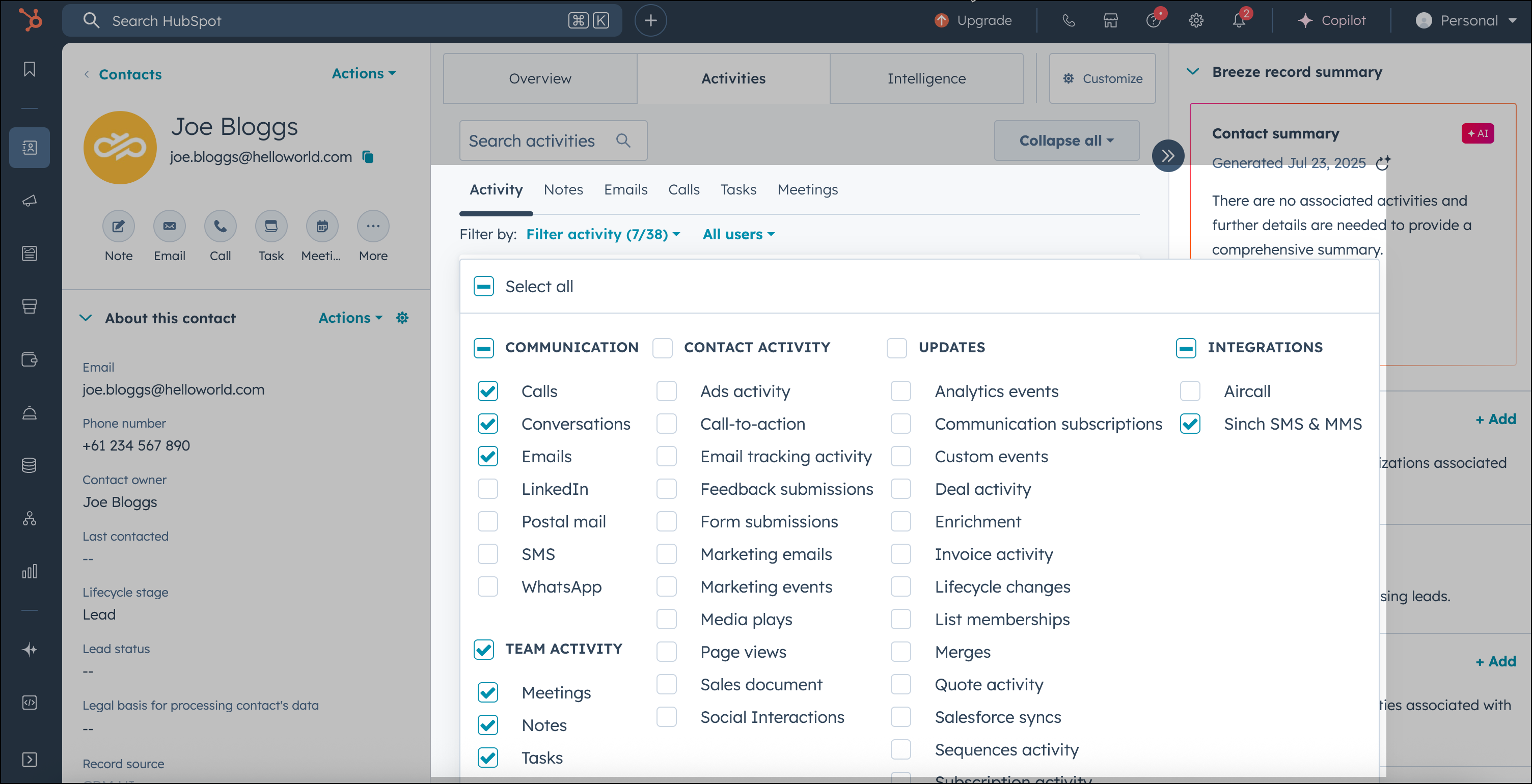 Contact record activity tab in HubSpot.
