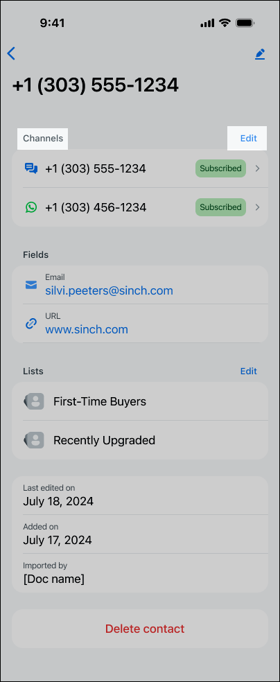 Screenshot showing where to select 'edit' from inside the contact record. There is a Channels heading and to the right of this there is an Edit button. 