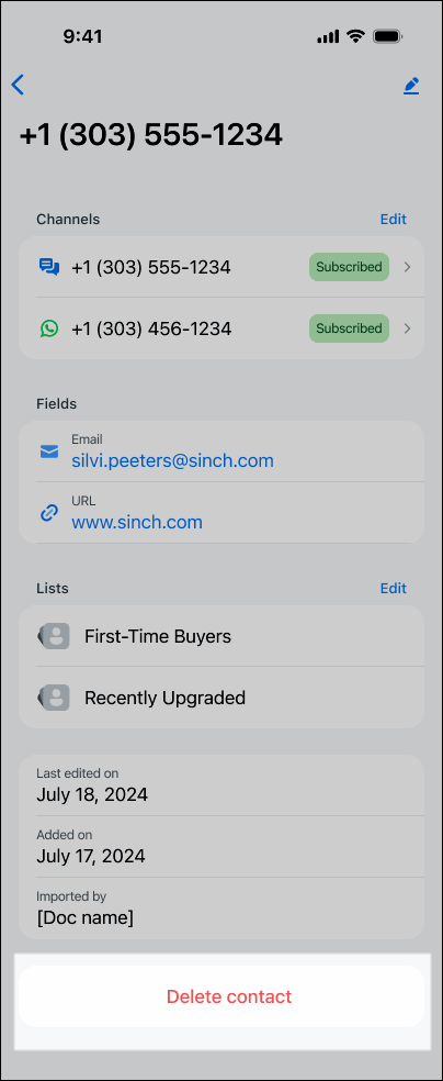 Screenshot showing the Delete Contact button which is located at the bottom of the contact record