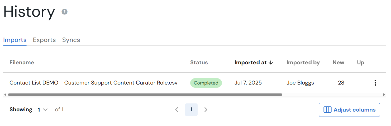 Screenshot of the history page, there are Import, Export and Sync tabs. The screenshot shows the imports tab, with columns containing information about the File name, status, import time, importer name, number of imported contacts. 
