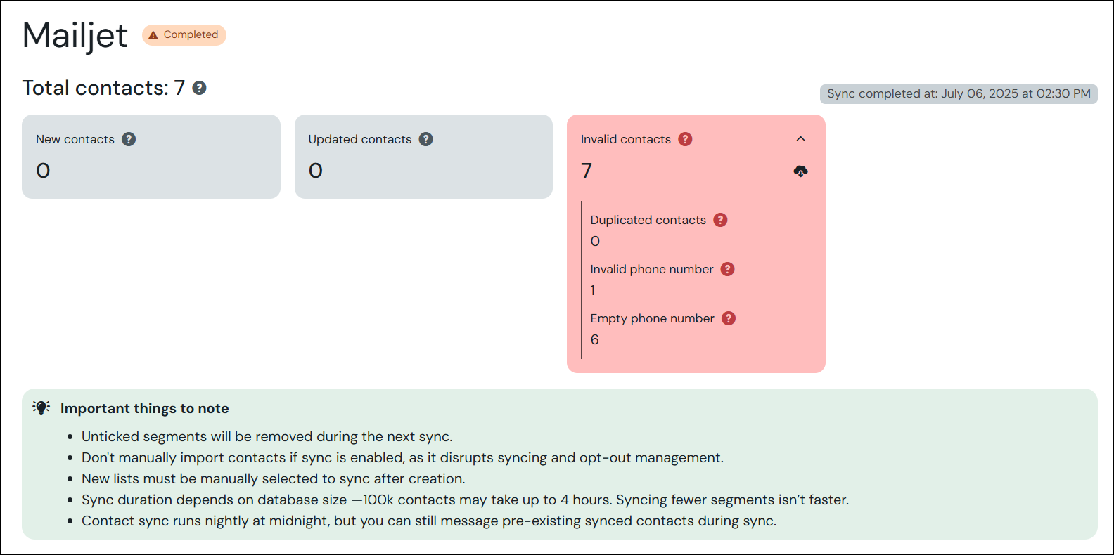 Screenshot showing the dashboard that has a breakdown of the number of new contacts, updated contacts and invalid contacts (with additional information about invalid contacts, such as if they were duplicated/ invalid/ empty fields)