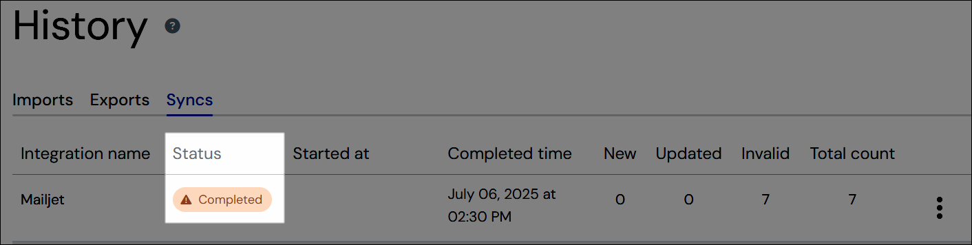Screenshot showing the status column on the syncs tab of the history page. 