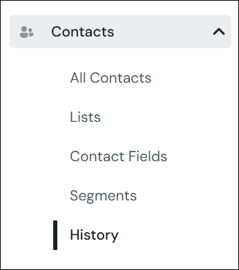 Screenshot showing the History page under the Contacts section of the main platform navigation.