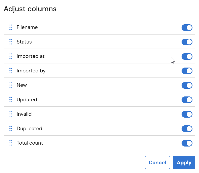 Screenshot showing the adjustable columns list, there are toggle switches to the right of each column heading and at the bottom of the page there are Cancel and Apply buttons.