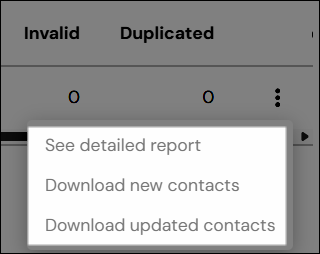 Screenshot showing the 'See detailed report', 'Download new contacts' and 'Download updated contacts' options