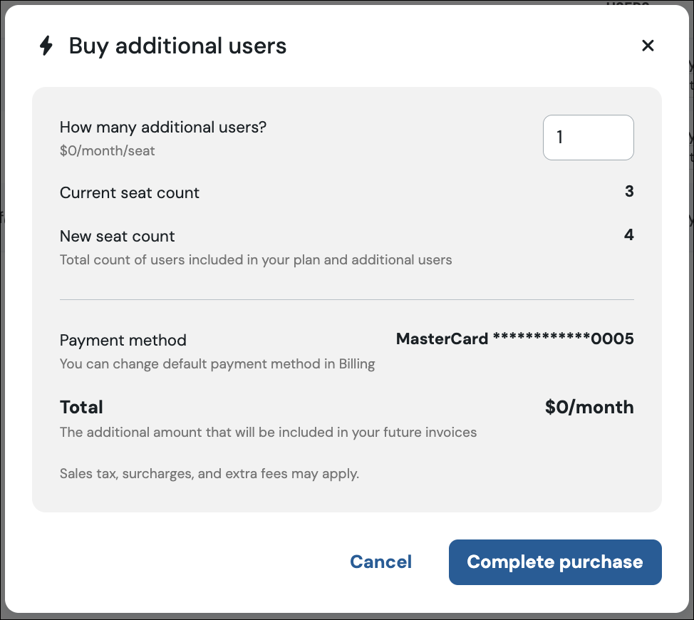 Screenshot showing the confirmation modal shown when purchasing extra users, you can input the number of users required and it shows the total number of current users, total number post-purchase and the amount this will add onto your bill each month.