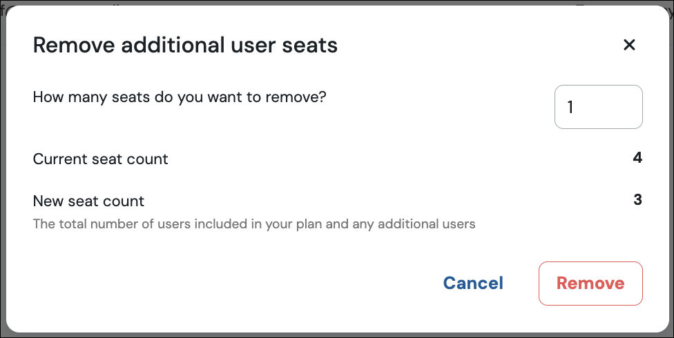 Screenshot of the confirmation modal for removing additional users. There is a field to enter the number of users to be removed, and lines showing the current seat count and the new seat count. There is a cancel button and a remove button. 