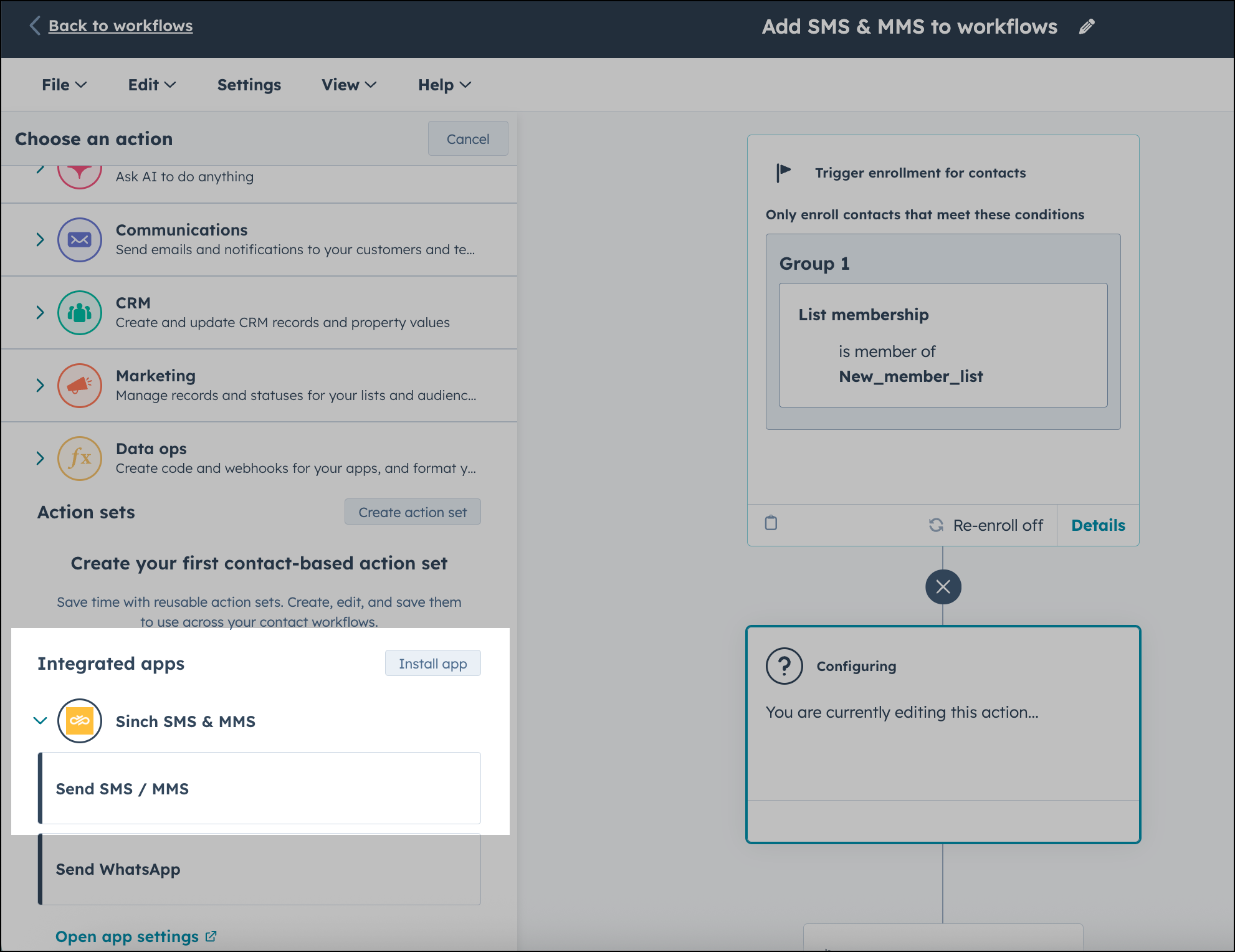 Add Sinch SMS & MMS to HubSpot workflows when configuring action.