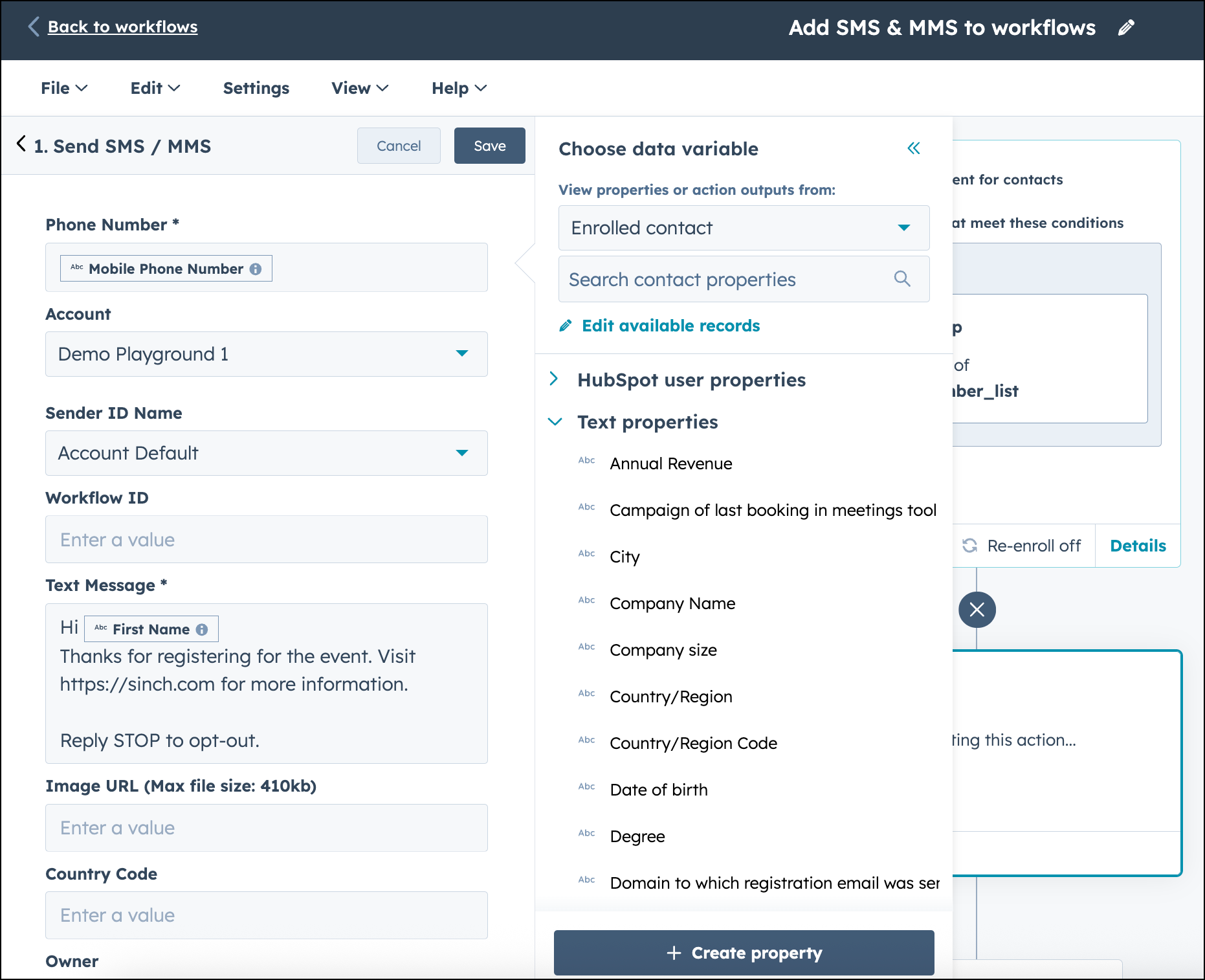 Configure SMS & MMS action in HubSpot workflow.