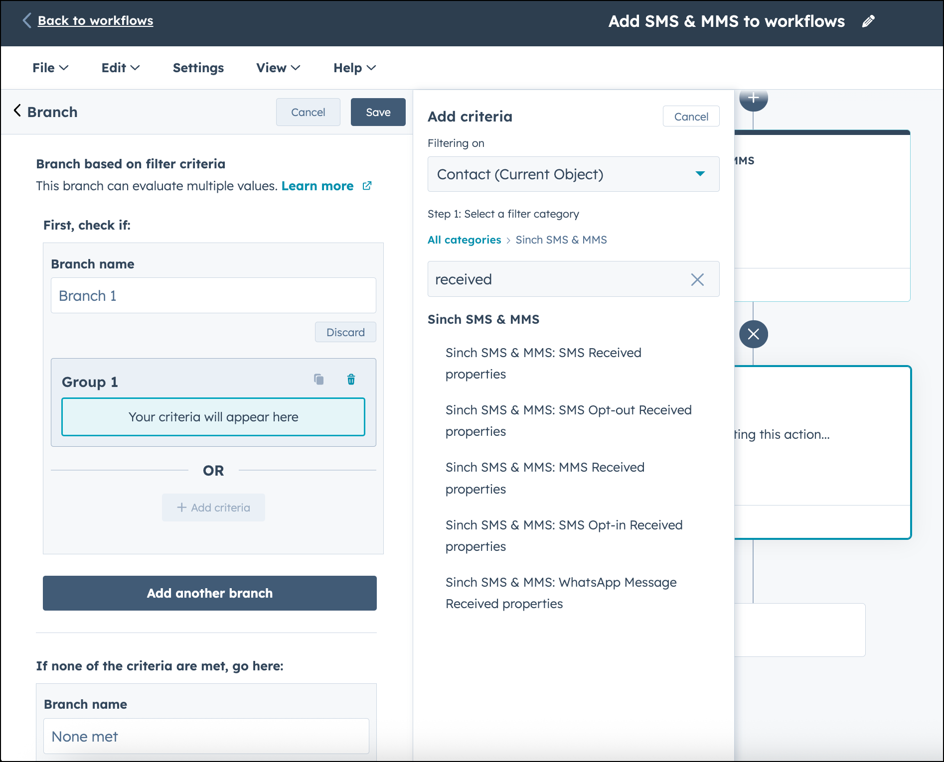 SMS MMS received trigger in HubSpot workflow.