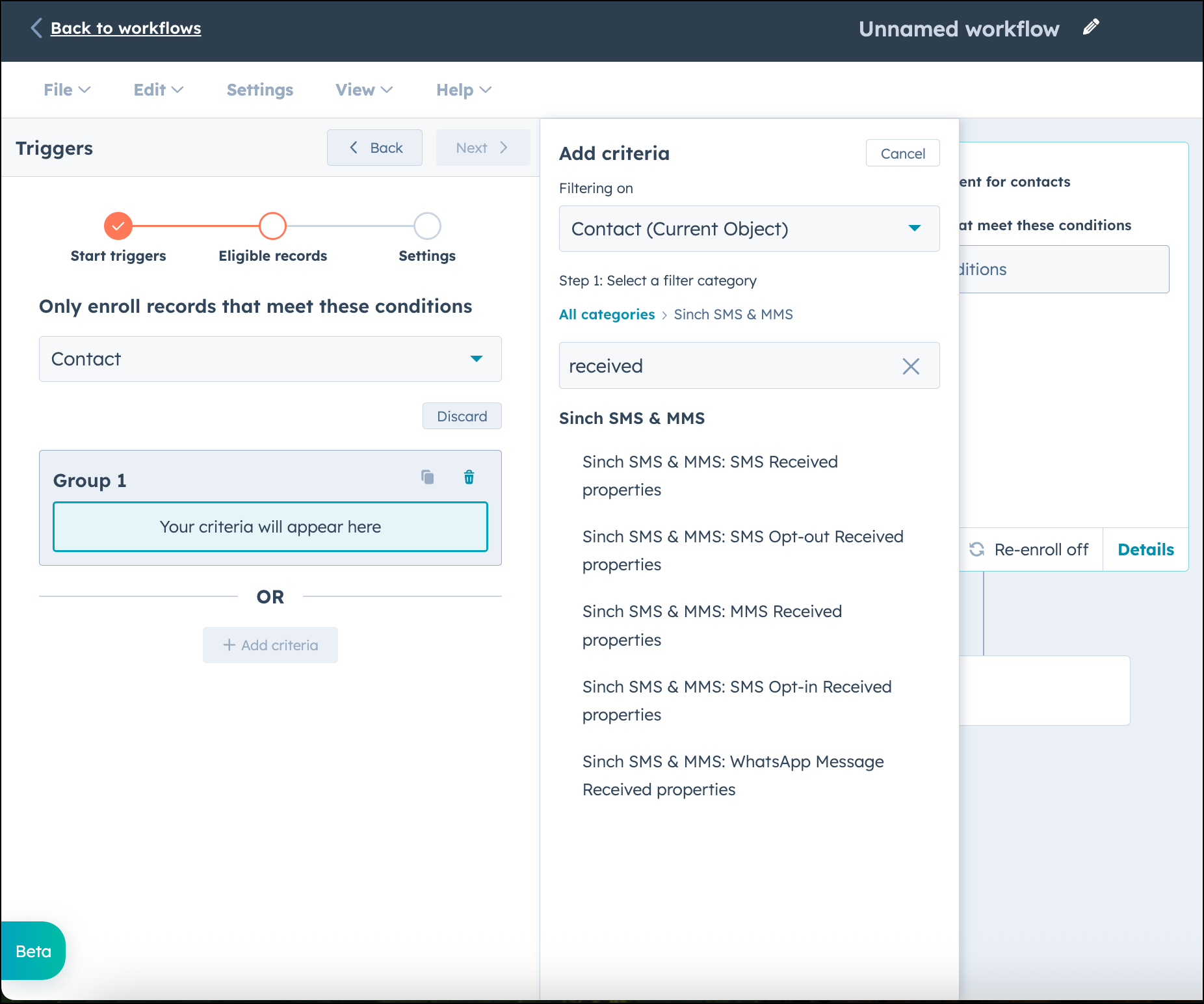 Select SMS MMS received properties in HubSpot workflow.