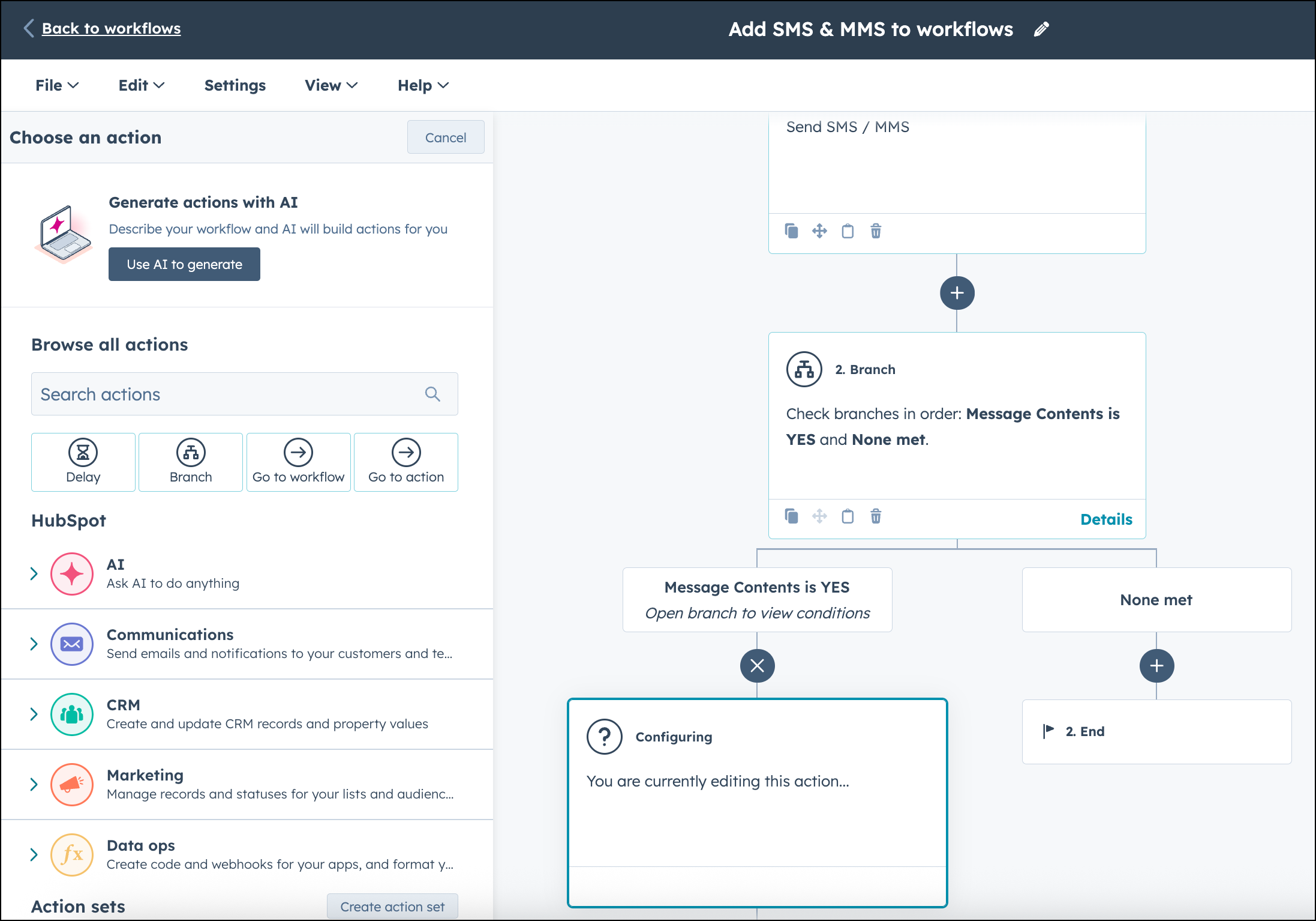 HubSpot branch configuration in workflows.