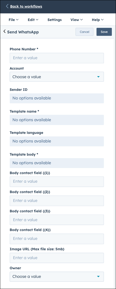 HubSpot WhatsApp fields in workflow setup.