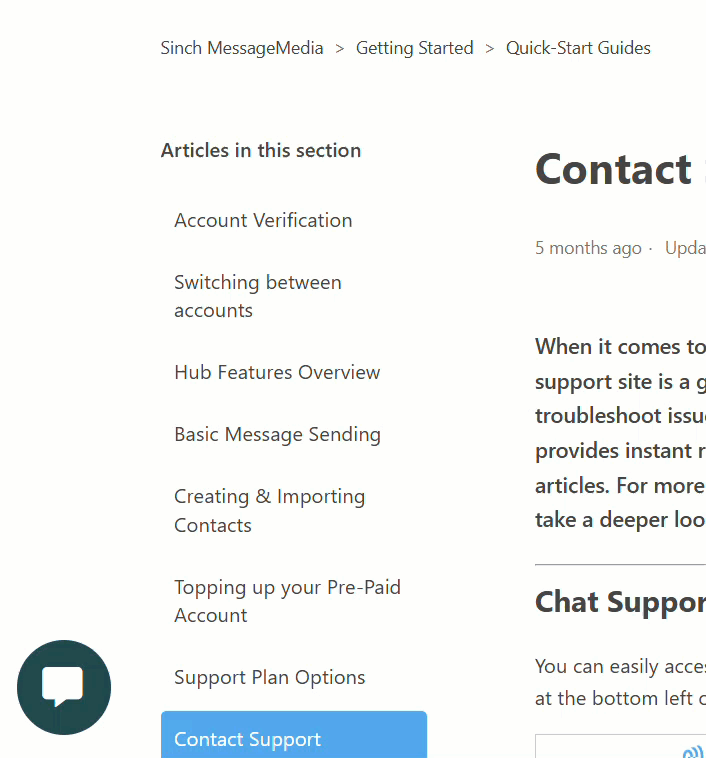 GIF showing the location of the chat icon, which is always displayed in the bottom left corner wherever you are in the help center. 
