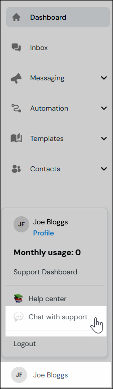 Screenshot of the left hand navigation panel in the platform, at the bottom the user will see their name, if they click onto it the 'profile' modal will open where they can find a 'chat with support' option.