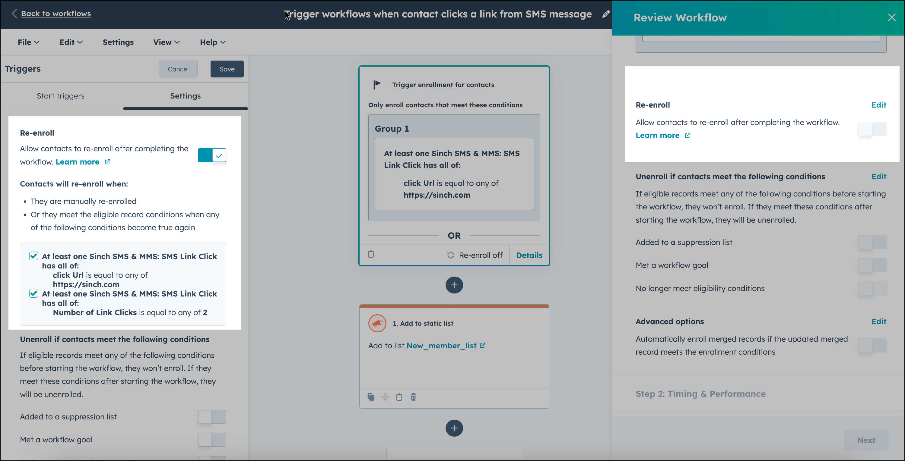 Re-enroll options when setting up the HubSpot workflow.