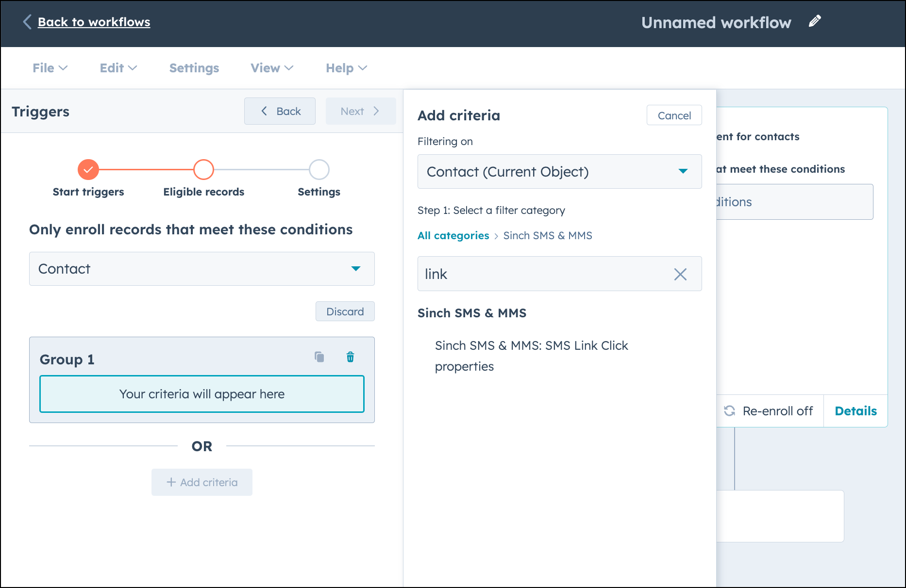 Add SMS Link Click as the trigger for a contact-based workflow in HubSpot.