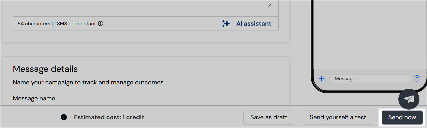 Screenshot showing the location of the Send button, in the bottom right corner of the page. 
