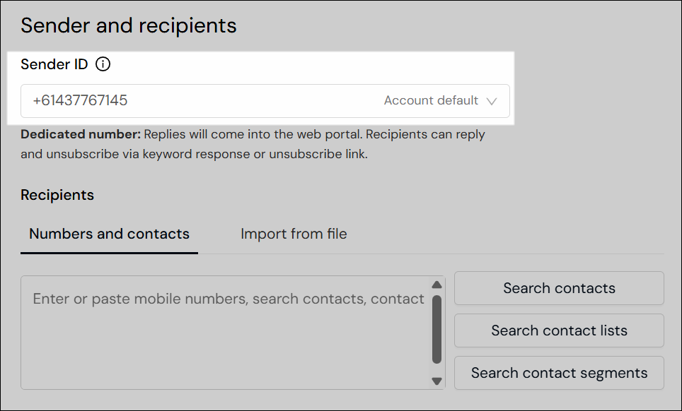 Screenshot of sender ID field on the New Message page.