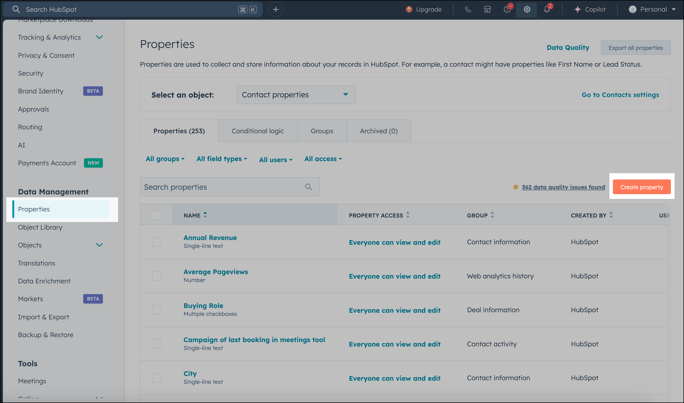 Create a property by clicking the Settings icon and then the Properties tab in HubSpot.