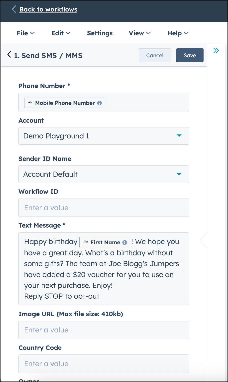 Send birthday SMS or MMS in HubSpot workflow.