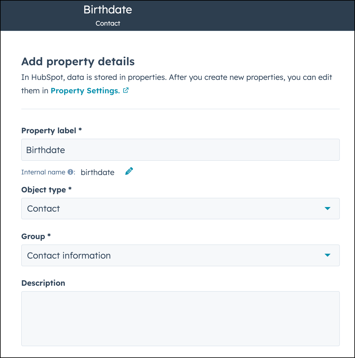 Create a property for a significant date - configuration screen in HubSpot.