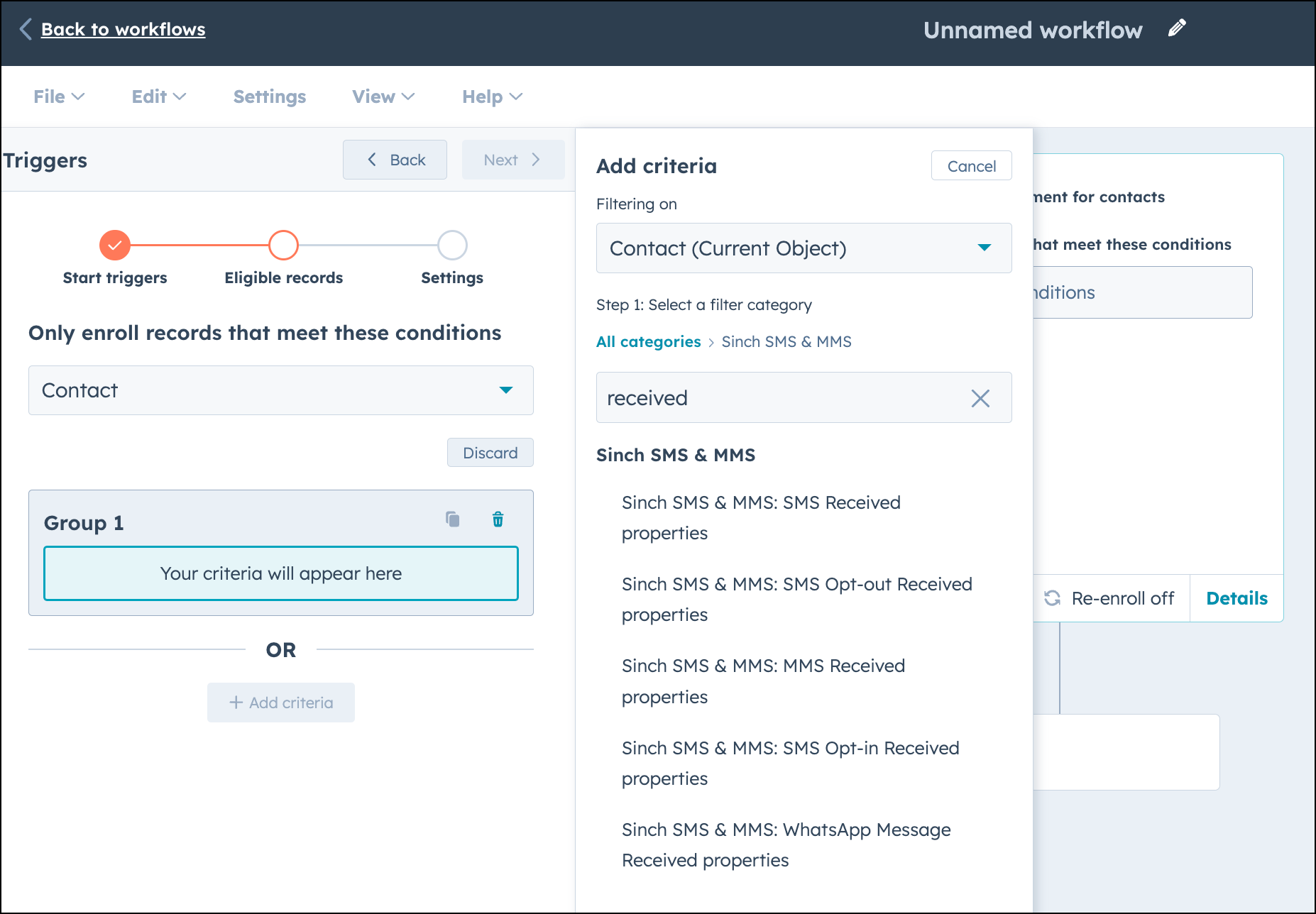 Select Sinch SMS & MMS: SMS Received properties from the workflow configuration screen.