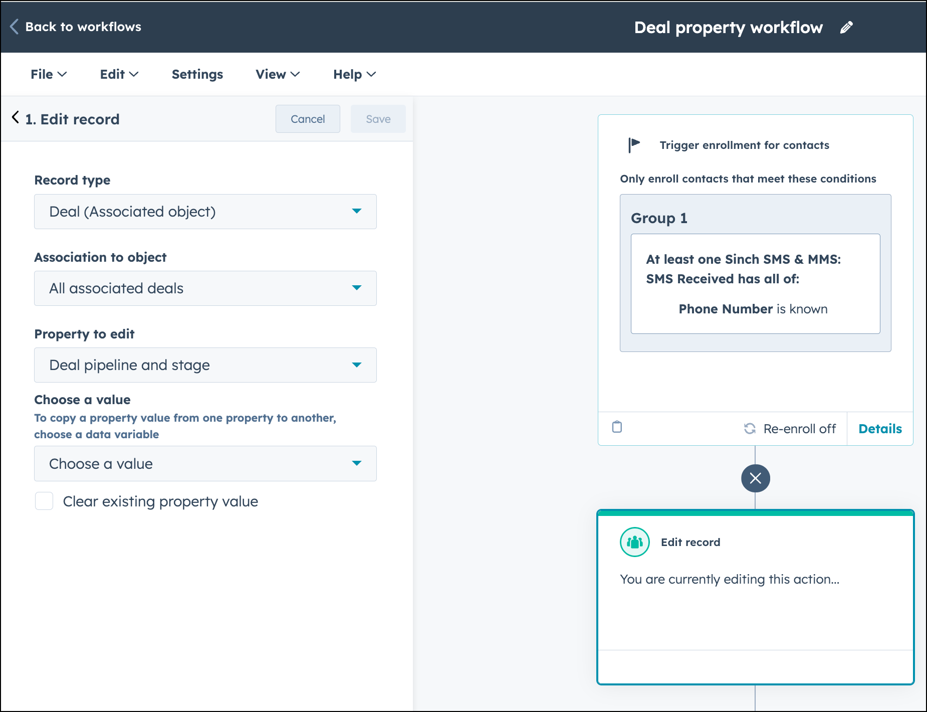 Configure deal record in HubSpot workflow.