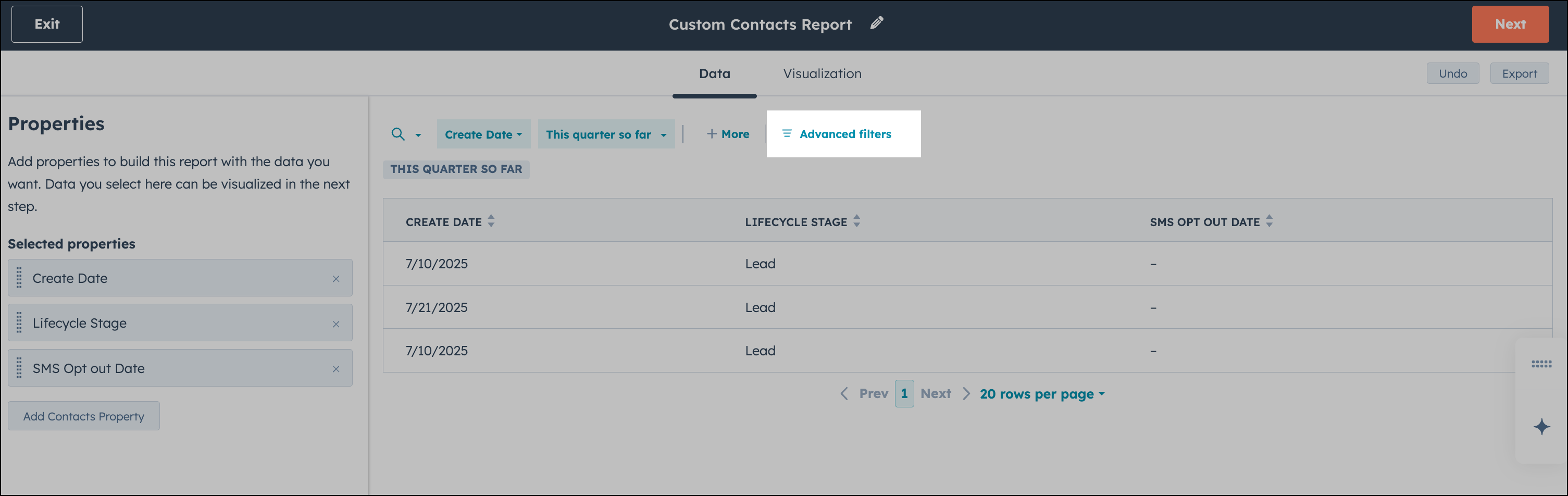 Click Advanced Filters to show more filter options in the HubSpot report.