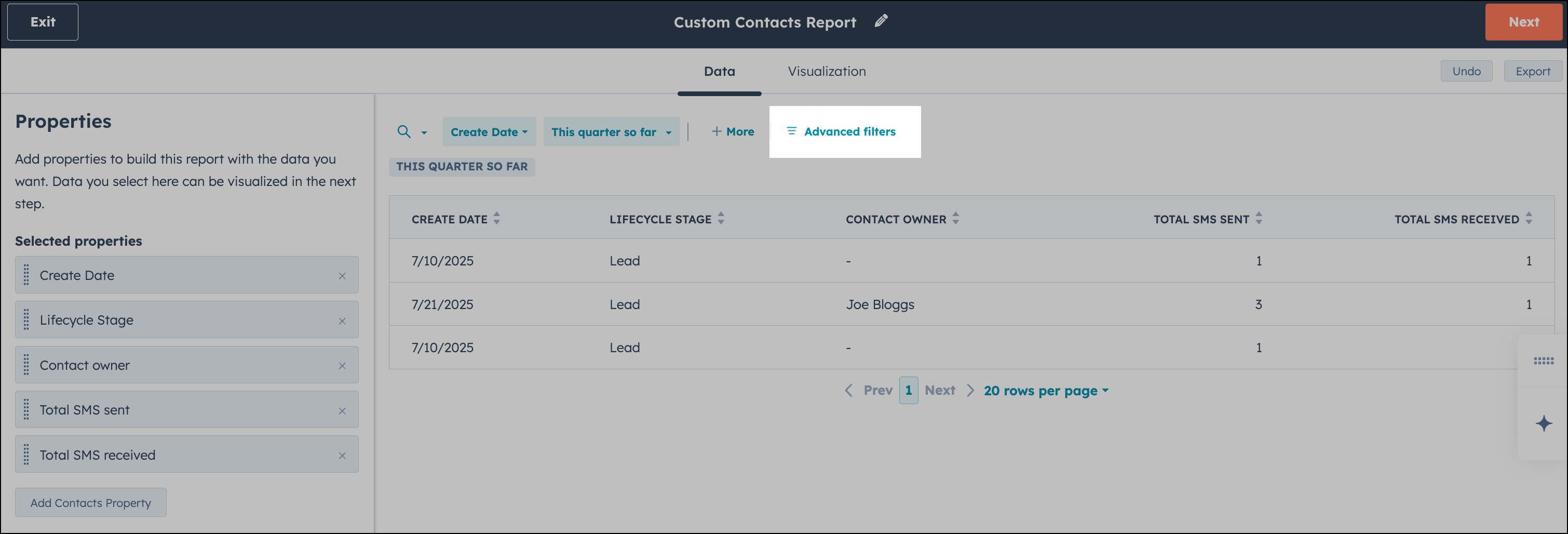 Advanced filters option in a HubSpot report.