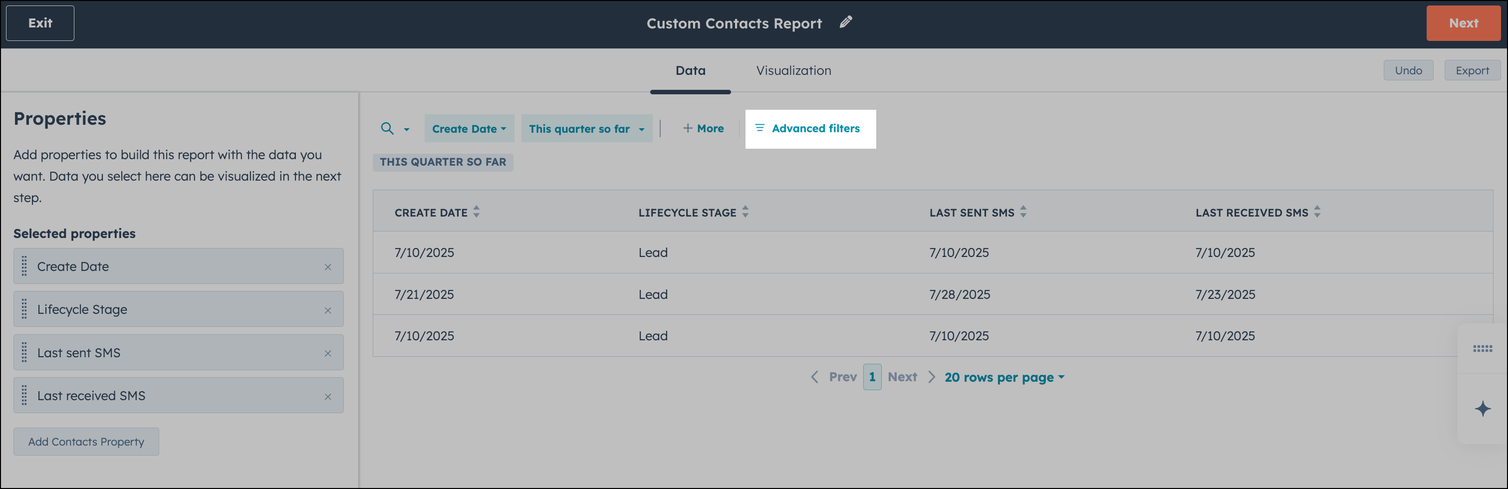 Advanced filters option in a HubSpot report.