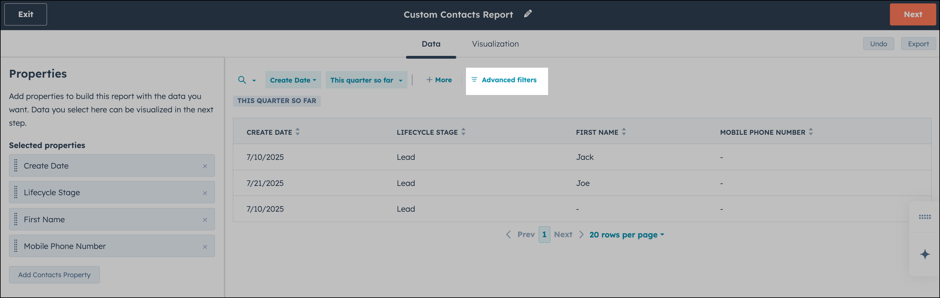 Advanced filters option in a HubSpot report.