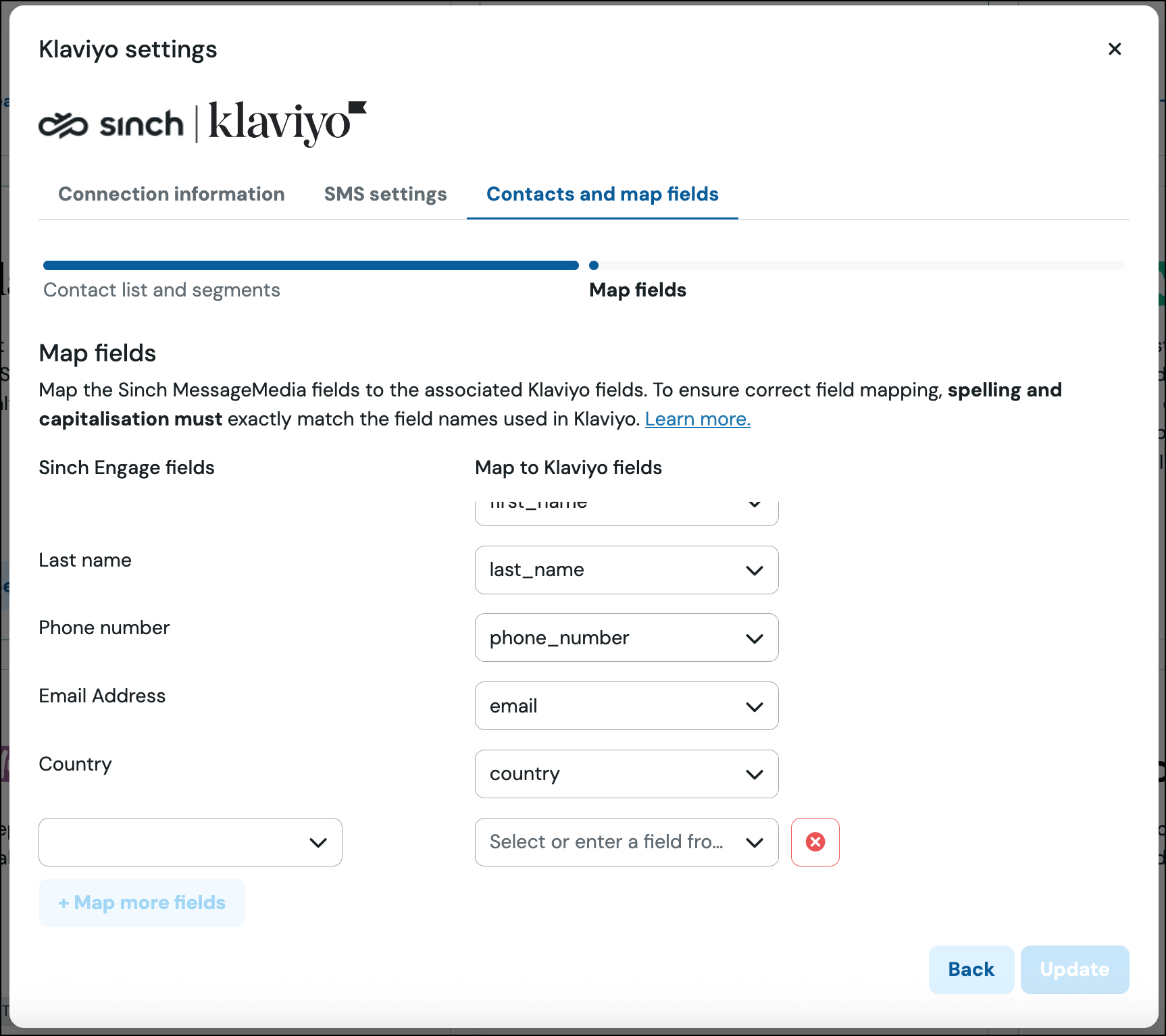 Klaviyo map fields and add custom fields.