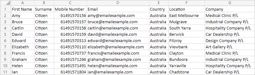 Screenshot of a sample contact list file.