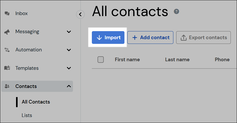 Screenshot showing the location of the import button.